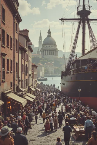 A Bustling Port City Teems With Life As A Wave Of Newcomers... — FLUX AI Prompt: A bustling port city teems with life as a wave of newcomers disembarks from towe...