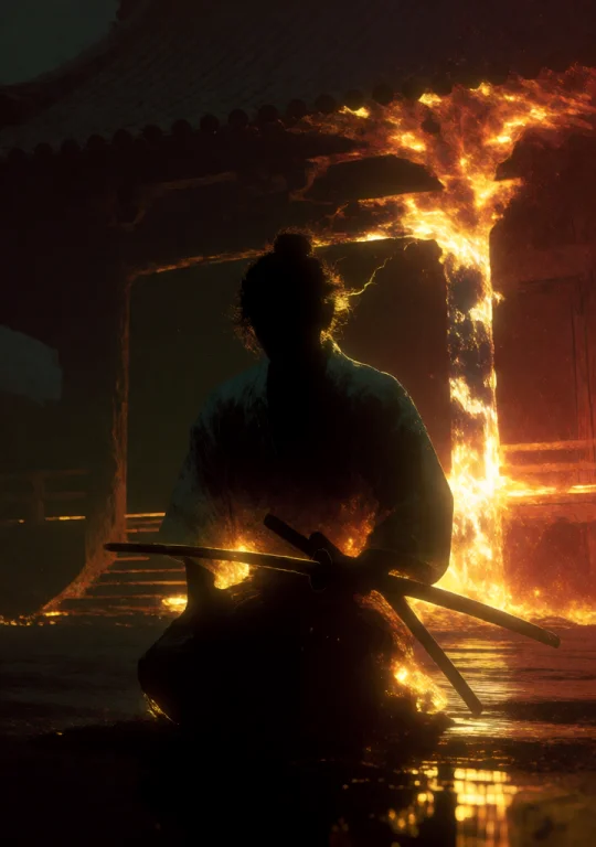 A Samurai Kneeling In A Burned-out Temple Courtyard At Night...