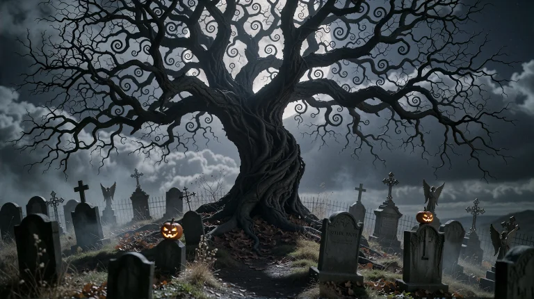In The Style Of Timburtonise, A Single Enormous Tree Growing...