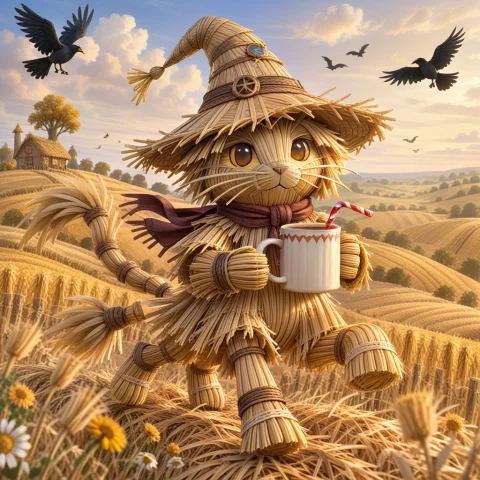 Cute Straw Cat Cartoon — SDXL AI Prompt: made of straw, cute cat made out of straws, whimsical, cartoon, vibrant colors,...