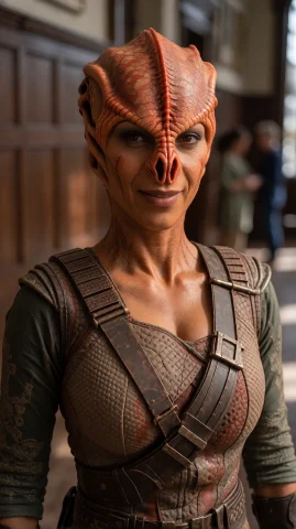 Stable Diffusion Alien Woman Prompt — Stable Diffusion AI Prompt: tmrnfml alien woman, chest-up, eye-level, facing forward, smiling slightly, indo...