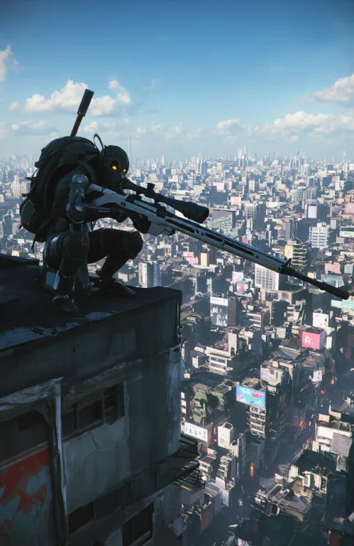A Cyberpunk Cityscape Viewed From A High Vantage Point. A Cr...