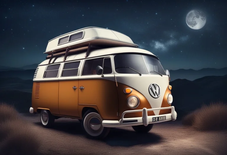 A Classic Camper Van Parked Beneath The Stars, Cold Moonlit...