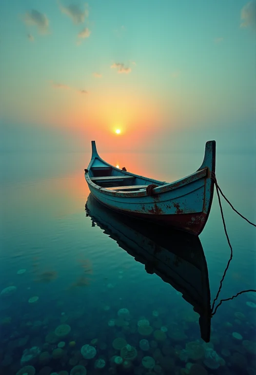Grunge Style A Beautiful Boat, In A Lagoon, Art By David Mou...