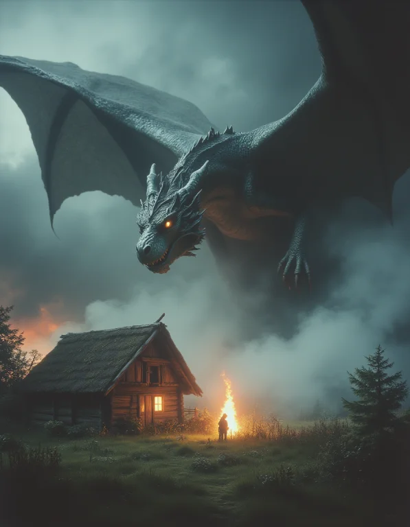 Dark Fantasy Art Of A Dragon Flying Over The Farm Land, Blow...