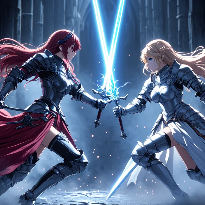 Cinematic Anime Shot Of Two Female Fantasy Knights In Beauti...