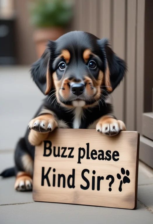 A Cute Realistic Looking Puppy With A Wooden Sign With Text...