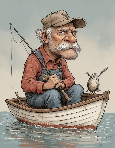 The Fisherman In A Tiny Boat Huge Old Fisherman Sitting In... — Stable Diffusion AI Prompt: The Fisherman in a Tiny Boat — huge old fisherman sitting in a tiny dinghy nearl...
