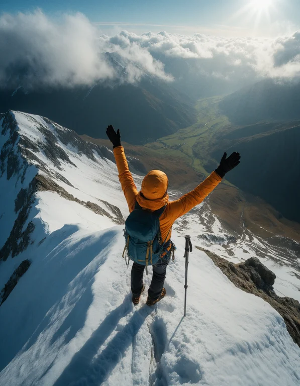 A Climber Reaching The Summit Of A Snow-capped Peak Just As...