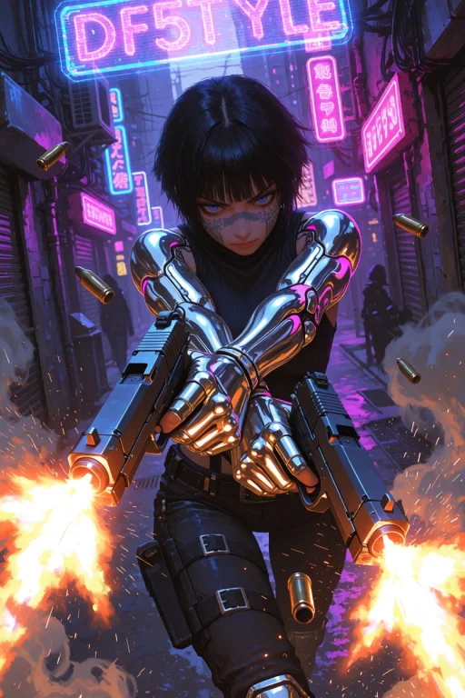 Df5tyle, Cyber-mercenary Woman Mid-firefight In A Neon-lit A...