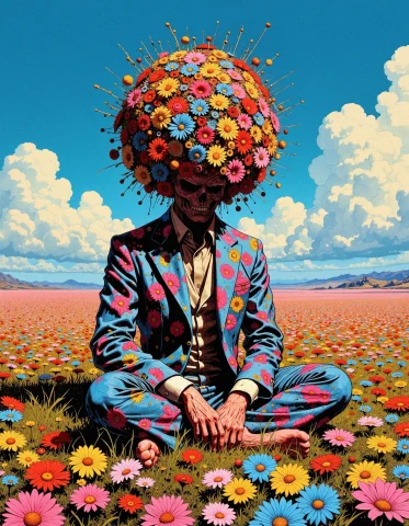 In The Center Of A Vast, Surreal Landscape Sits A Figure, Th... — FLUX AI Prompt: In the center of a vast, surreal landscape sits a figure, their body clothed in...