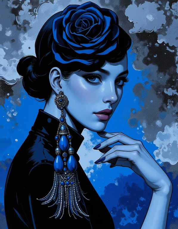 Blue Metal Tassel Earrings Depicting A Black Rose, Blue Mell...