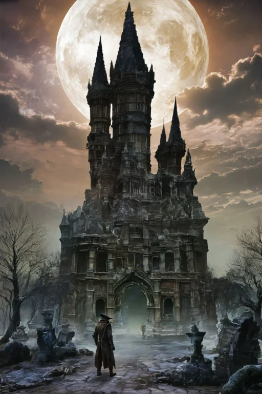 Scenery,moon,outdoors,cloud,sky,ruins,full Moon,building,nig...