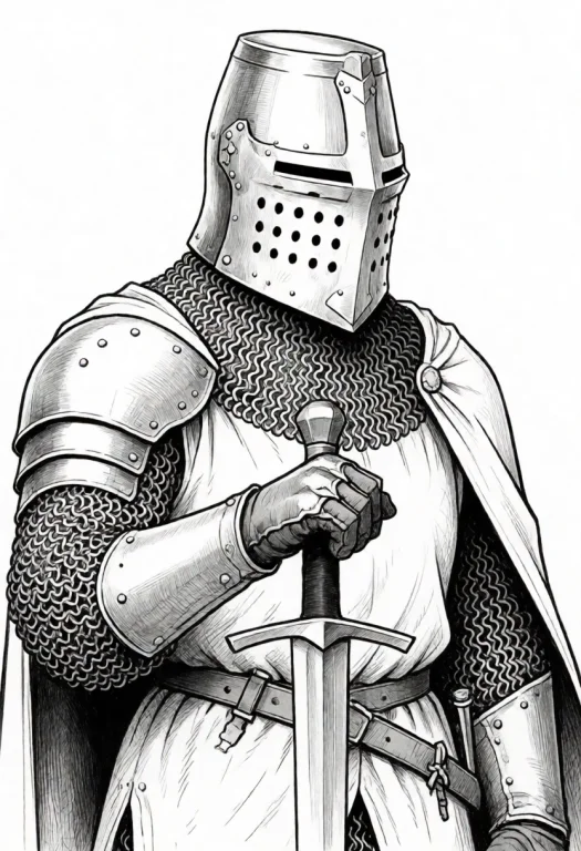 Line Art Portrait Of A Knight Wearing A Great Helm And Mail...