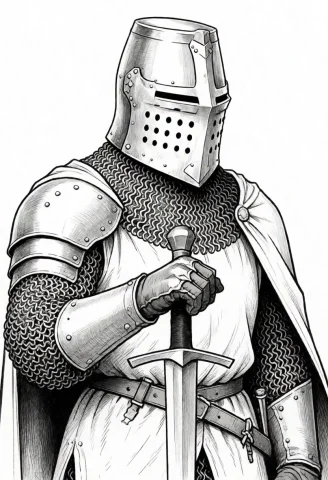 Line Art Portrait Of A Knight Wearing A Great Helm And Mail... — Stable Diffusion AI Prompt: Line art portrait of a knight wearing a great helm and mail collar, hand resting...