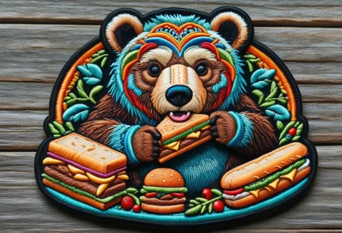 Ral-embroideredpatch Detailed Embroidered Patch Of A Bear Ea... — SDXL AI Prompt: ral-embroideredpatch Detailed embroidered patch of a bear eating a sandwich, vib...