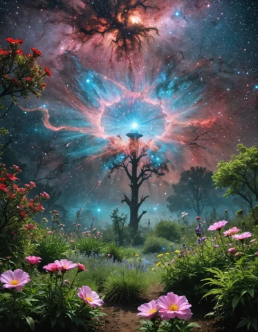 In The Enigmatic Embrace Of The Garden-sprinkler Nebula, Whe... — SDXL AI Prompt: In the enigmatic embrace of the Garden-Sprinkler Nebula, where cosmic winds whis...