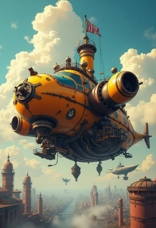 Steampunk Illustration Featuring A Flying Ship Equipped With...