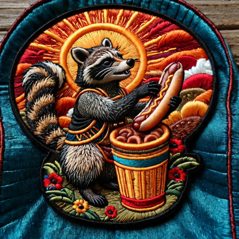 A High-detail Embroidered Patch Of An Aggressive Raccoon Sta...