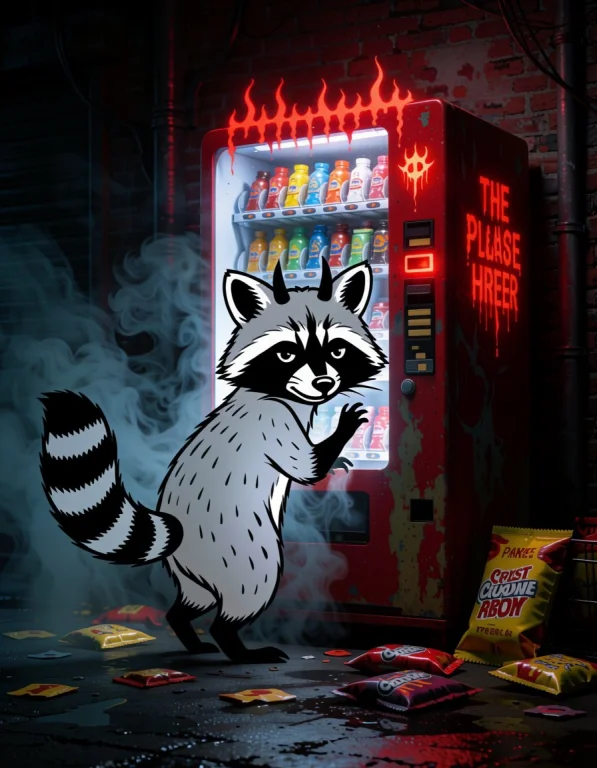 Create A Demon Raccoon Opening A Cursed Vending Machine In A...