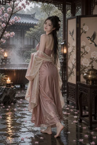 , A Barefoot Woman In Her Mid-twenties Turns Back Over Her S... — Stable Diffusion AI Prompt: 古装, a barefoot woman in her mid-twenties turns back over her shoulder with a r...