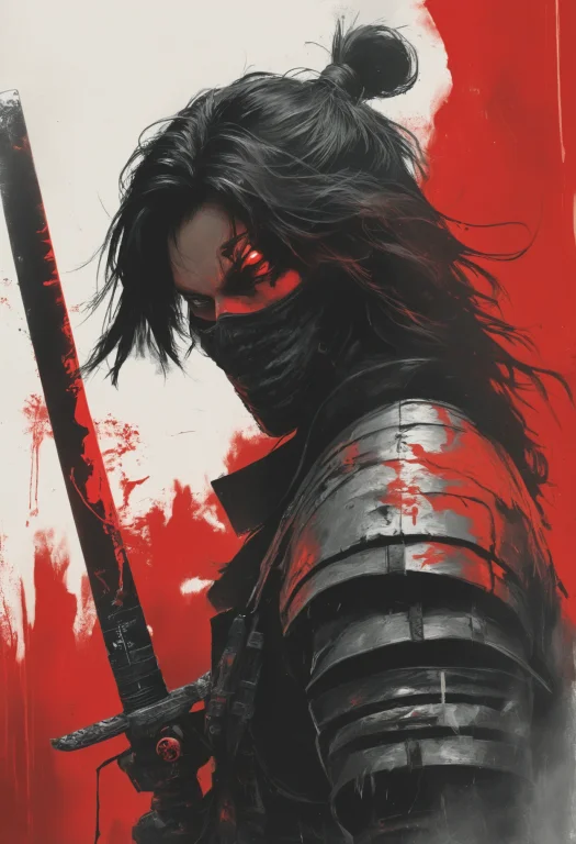 Samurai, Cyberpunk Theme, Two-tone, Black Hair, Side View, F...