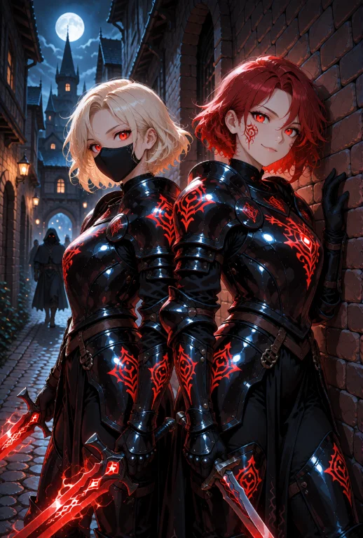Two Female Warriors, One With Short Wavy Blonde Hair And Red...