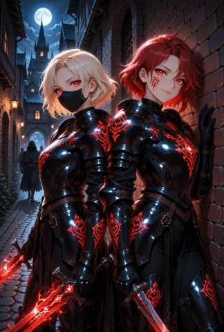 Two Female Warriors, One With Short Wavy Blonde Hair And Red... — Stable Diffusion AI Prompt: Two female warriors, one with short wavy blonde hair and red eyes wearing a blac...