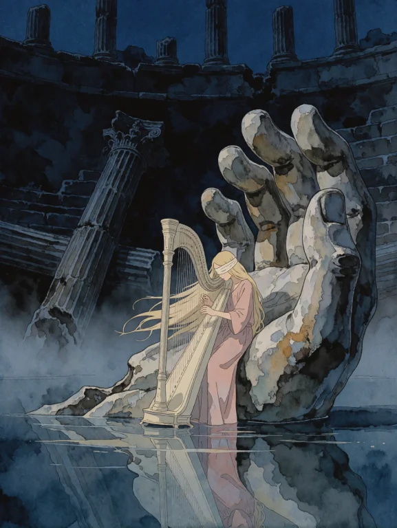 A Frail Blindfolded Girl Standing In Shallow Mirror-like Wat...