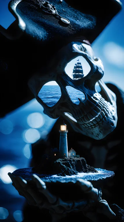 Zidiusart, A Skeleton Pirate Sitting At Night. Extreme Shado...