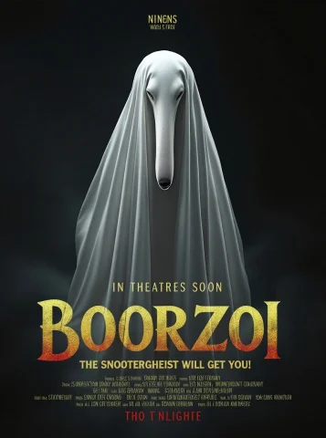 Add Movie Poster Style Title That Reads Boorzoi In A Spooky... — FLUX AI Prompt: Add movie poster style title that reads "BOOrzoi" in a spooky font like its a mo...