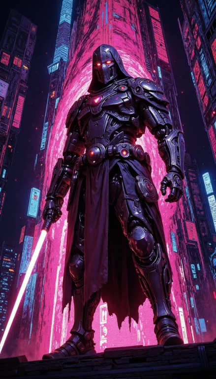 Comic Book Style, A Futuristic Cybernetic Ninja Poised On A...