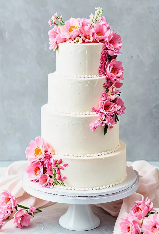 A White Wedding Cake With Pink Flowers On The Side Of The Ca...