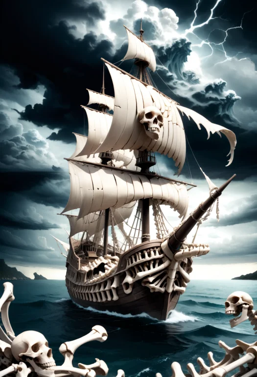 Lazympos,boneswm, Pirate Ship Made Of Bones, Ocean, Storm, N...