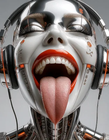 Create A Surreal Close-up Portrait Of A Chrome Female Androi... — Stable Diffusion AI Prompt: Create a surreal close-up portrait of a chrome female android laughing uncontrol...