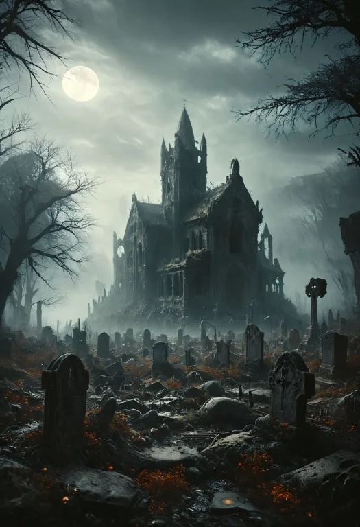 A Dark, Gothic Horror Landscape At Night, With A Full Moon C...