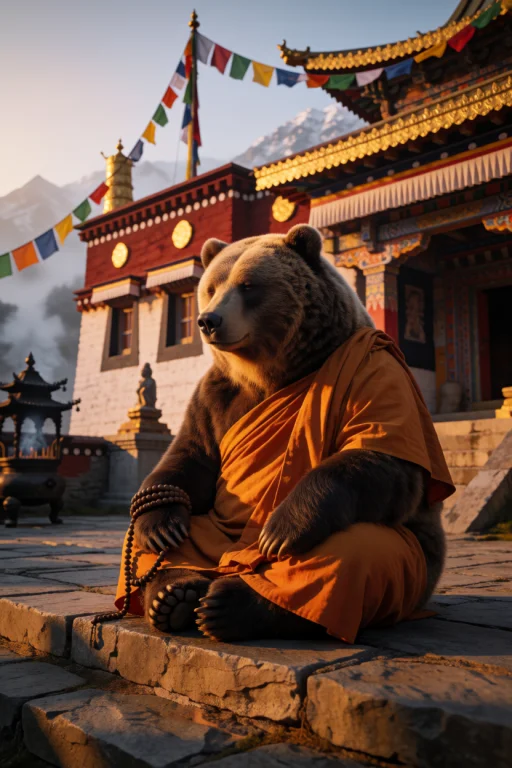 A Large Brown Bear Wearing Simple Orange Monk Robes Sitting...