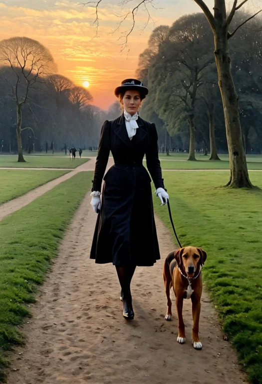 Oil On Canvas Painting Of 19th Century Lady Walking Hound Do...