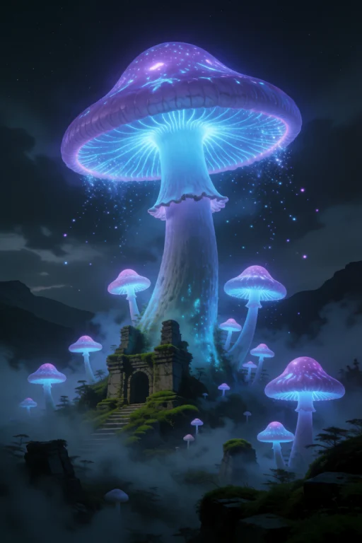 A Monumental Bioluminescent Mushroom Towering Vertically Int...