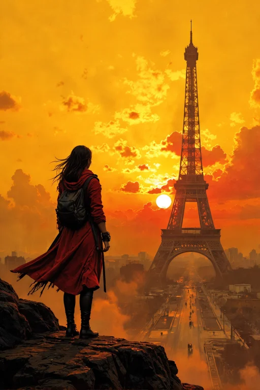 Yellow And Red Modern Art Of A Young Woman Watching Sunrise...