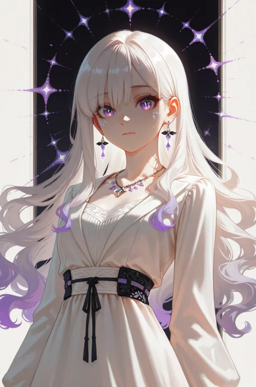 Long Wavy White Hair, Purple Luminous Eyes, Calm Expression,...
