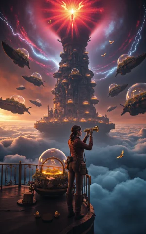A Vivid Steampunk Scene Above The Clouds In The Floating Cit... — FLUX AI Prompt: A vivid steampunk scene above the clouds in the floating city of Ishtar,centered...