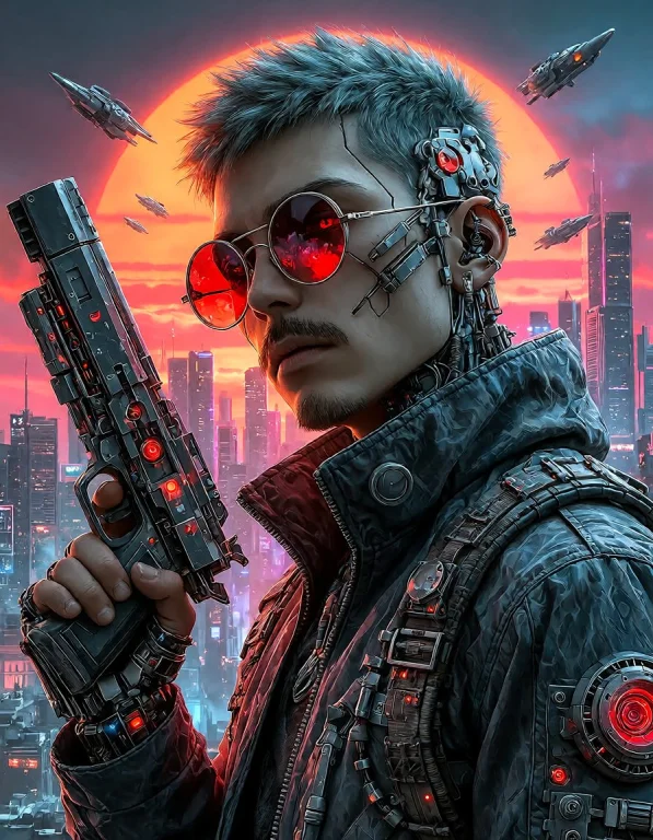 Digital Artwork In A Cyberpunk Style Featuring A Male Figure...