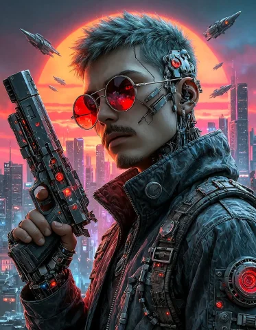 Digital Artwork In A Cyberpunk Style Featuring A Male Figure... — Stable Diffusion AI Prompt: Digital artwork in a cyberpunk style featuring a male figure with a robotic appe...