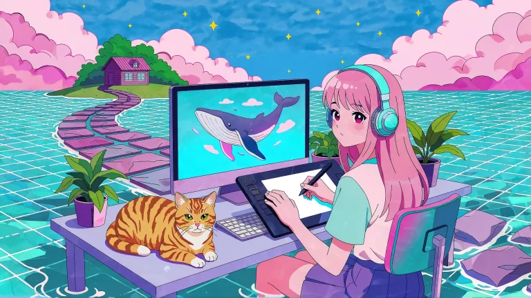 Digital Vaporwave Anime Illustration, Girl With Pink Hair An...