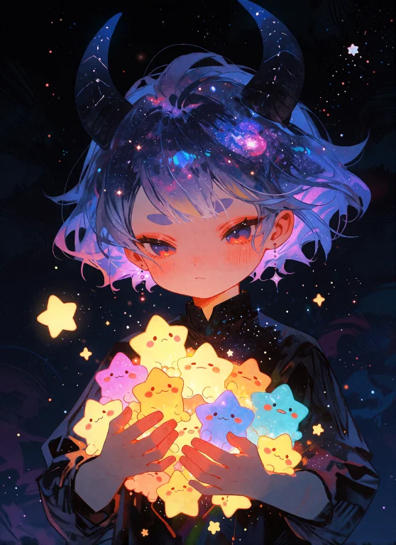 Modenijianime, Horned Child With Galaxy-patterned Hair Holds...