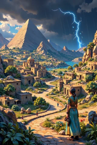 Ancient Egypt Village Beautiful Landscape, Rain And Storm, W... — Stable Diffusion AI Prompt: ancient egypt village beautiful landscape, rain and storm, woman, very intricate...