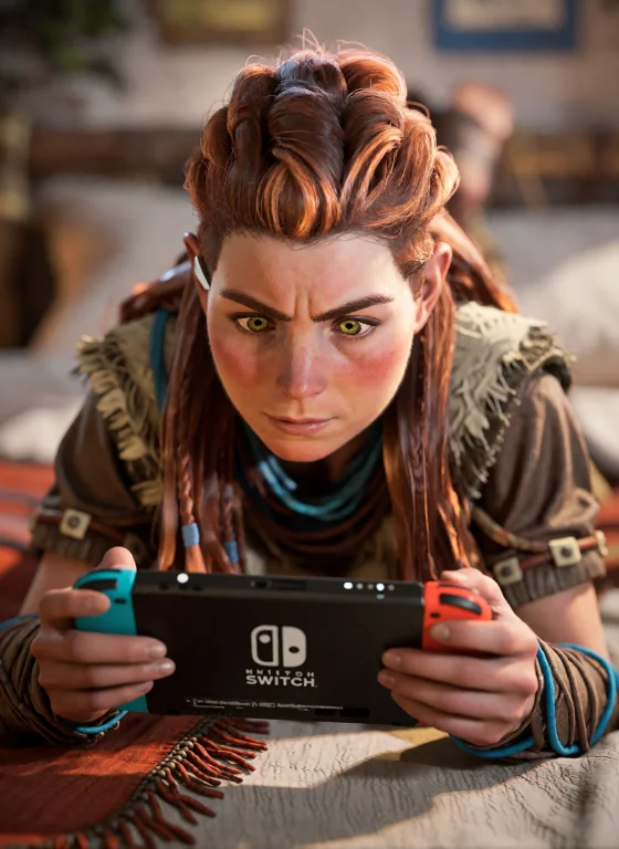 Aloy, A Young Woman With Green Eyes, Long Red Braided Hair....