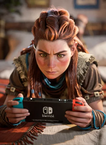 Aloy, A Young Woman With Green Eyes, Long Red Braided Hair.... — Stable Diffusion AI Prompt: Aloy, a young woman with green eyes, long red braided hair. lying on a cozy bed...