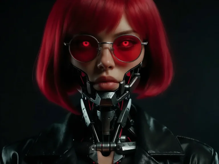 Red-haired Cyborg Woman With Glowing Red Eyes And Mechanical...